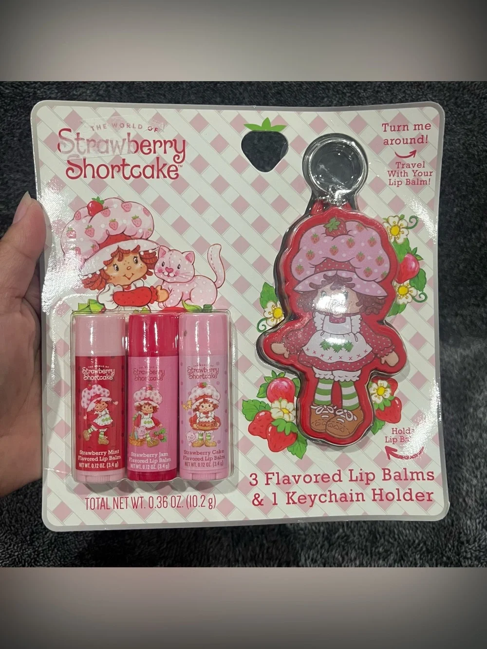 Strawberry Shortcake flavored lip balm set includes a keychain holder